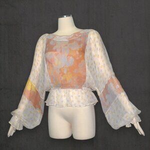 Free People Sheer Gauze Balloon Sleeve Top Blouse Boho Fairy Long Sleeves S